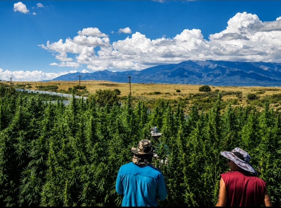 Apothecary Farms cannabis field with Colorado mountains in the background