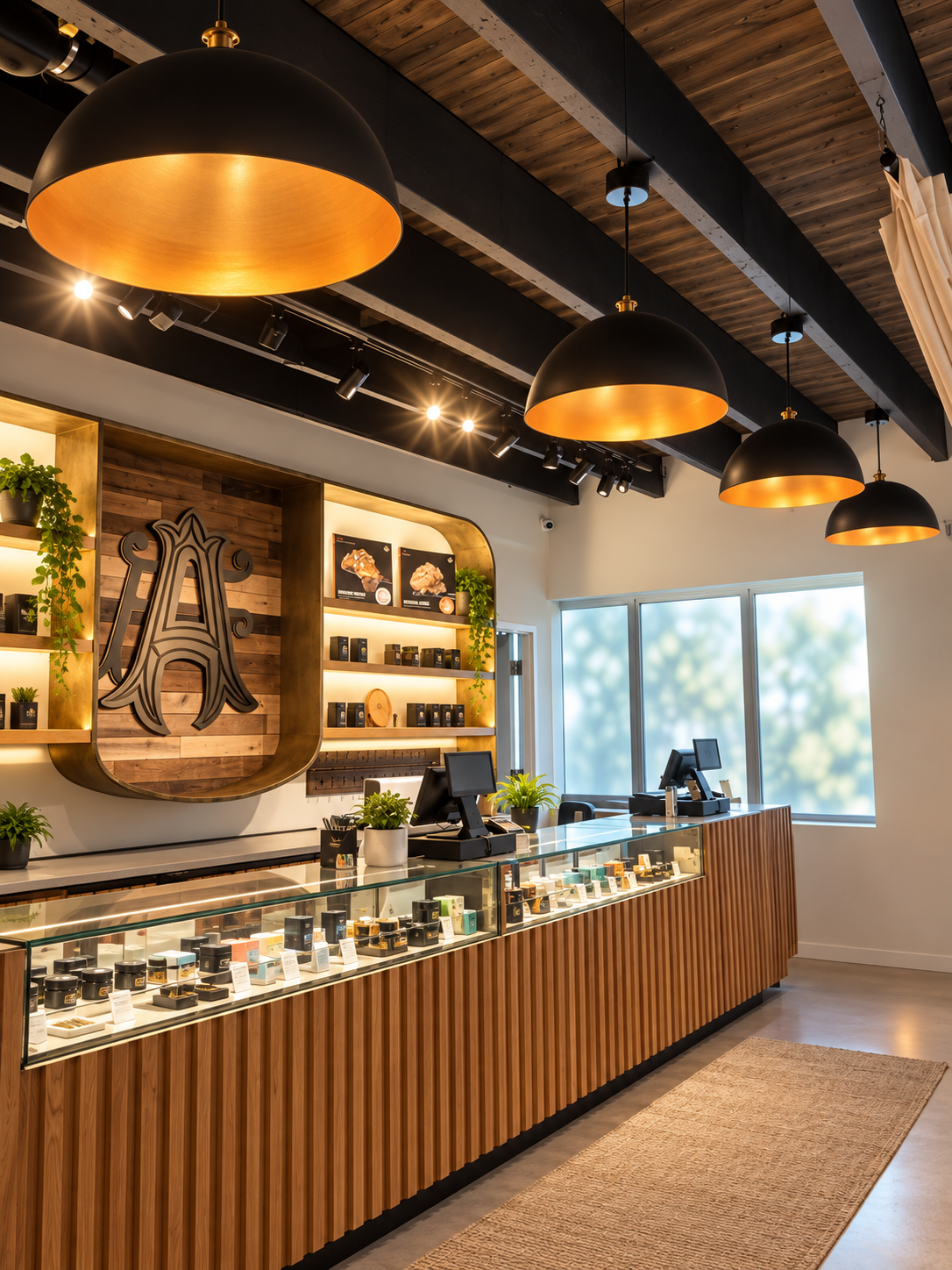 Apothecary Farms Boulder interior with wood-fronted counters and gold pendant lights