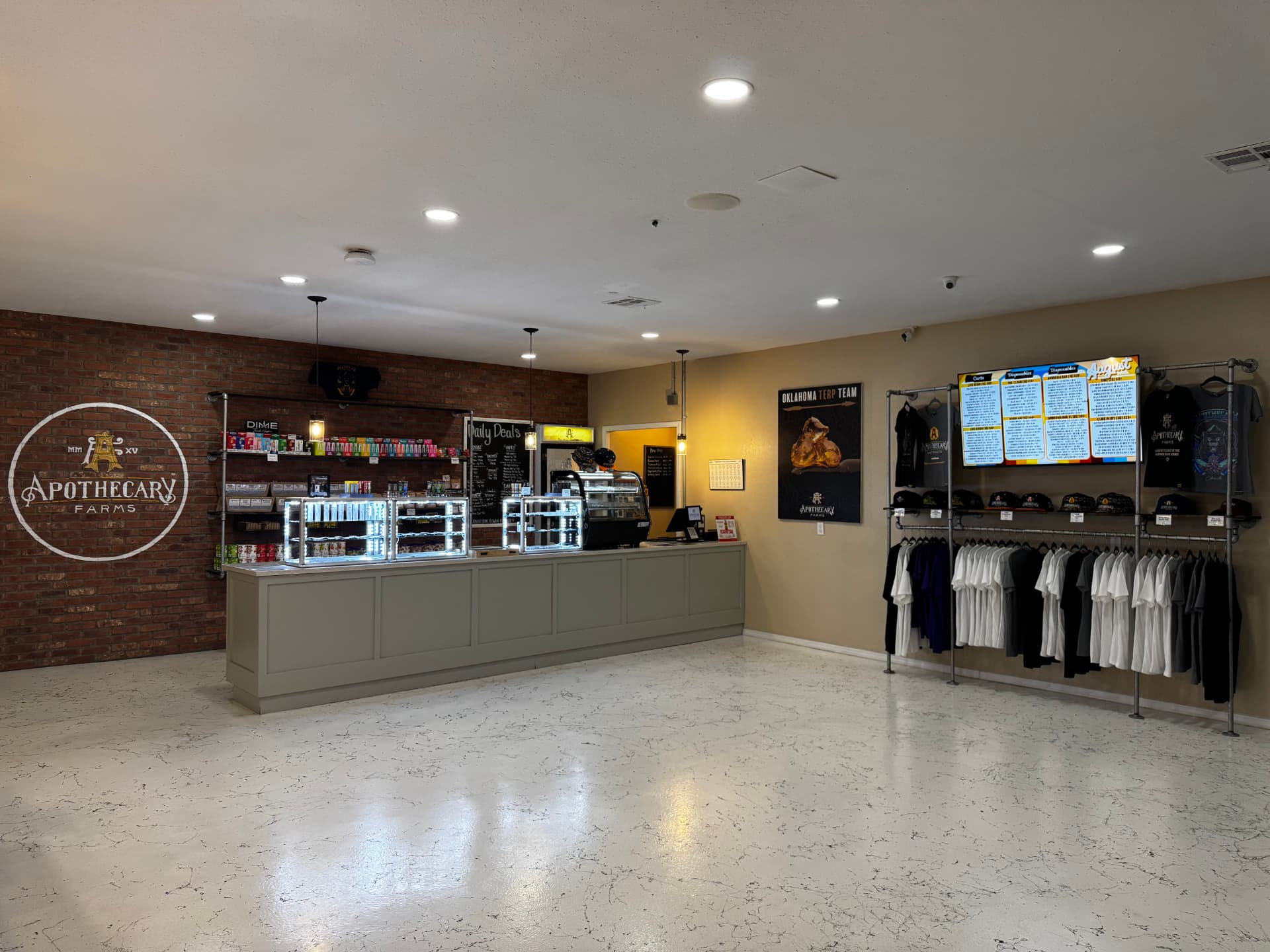 Apothecary Farms Durant sales floor with display cases, digital menus and merch racks