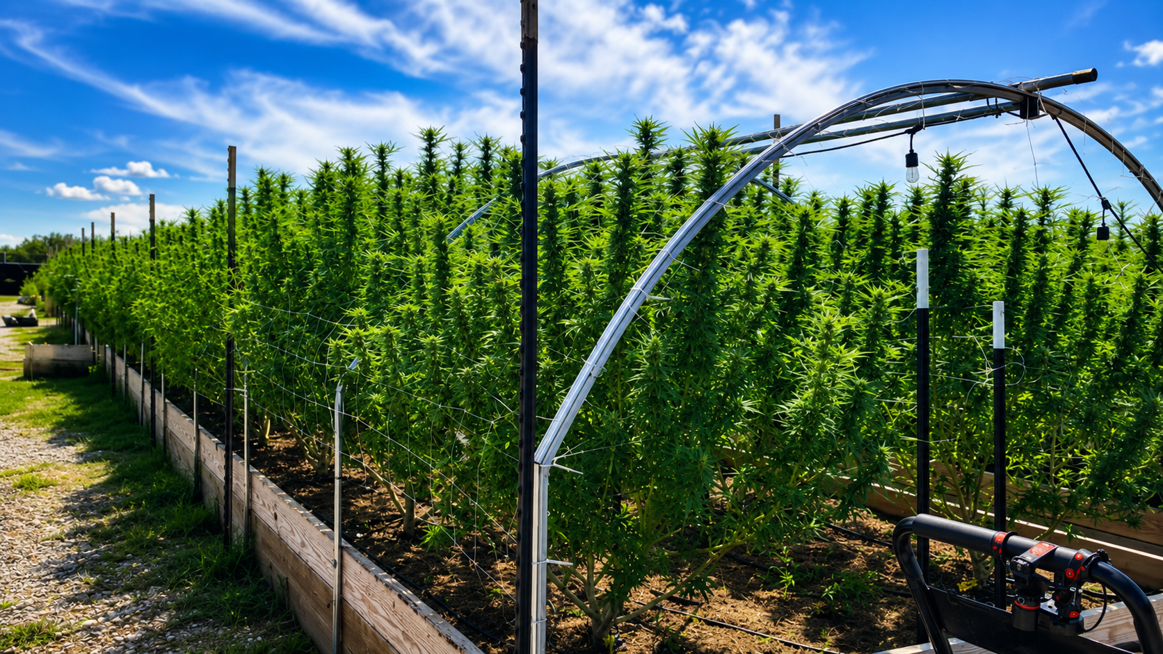 Apothecary Farms Beggs Oklahoma cannabis cultivation rows in raised beds under hoop trellises